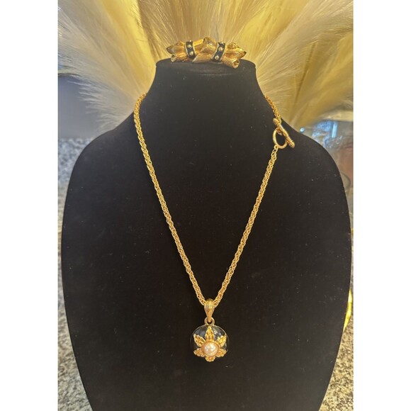 Vintage Fendi Gold Tone Necklace & Clip-On Earring Set | Black Enamel Accents - Picture 1 of 11